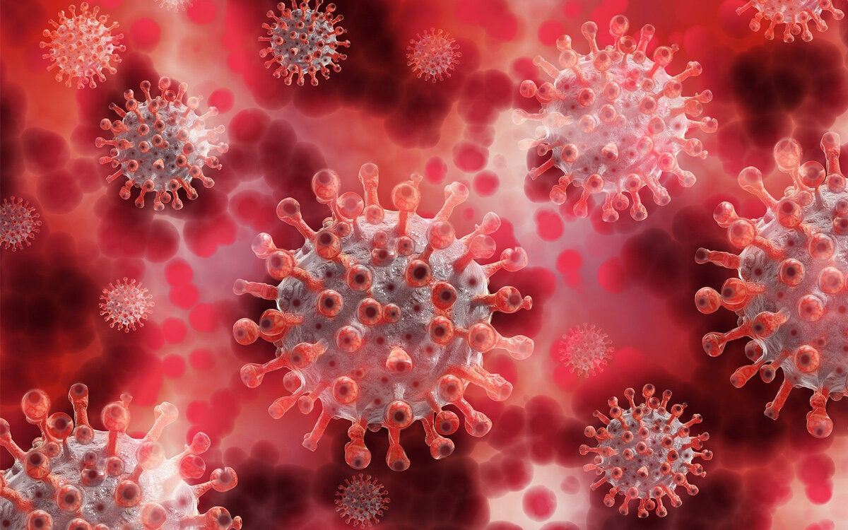 Eine Darstellung des Coronavirus in rot Eine Darstellung des Coronavirus in rot